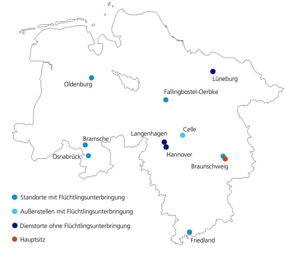 Die Standorte der Landesaufnahmebehörde Niedersachsen auf einer Landkarte